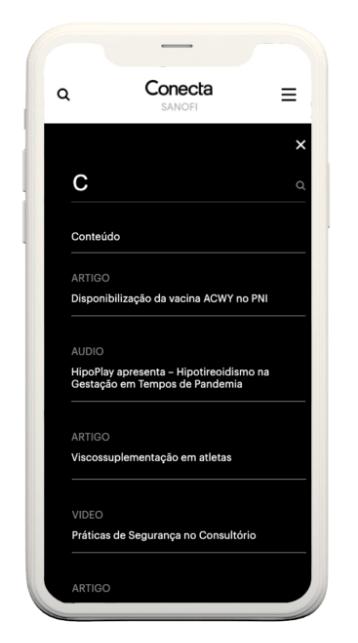 Sanofi Conecta: Tela com lista de artigos, áudios e vídeos no celular